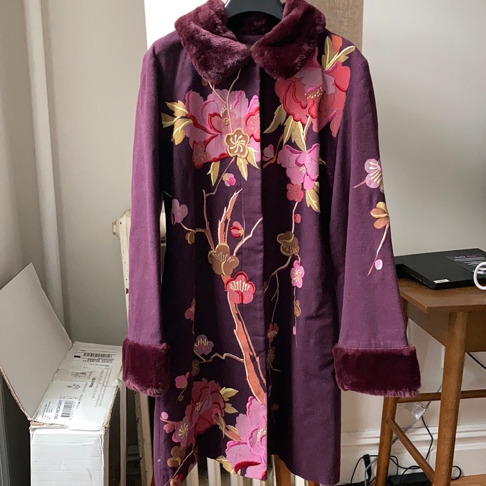 Anthropologie embroidered coat with faux fur trim